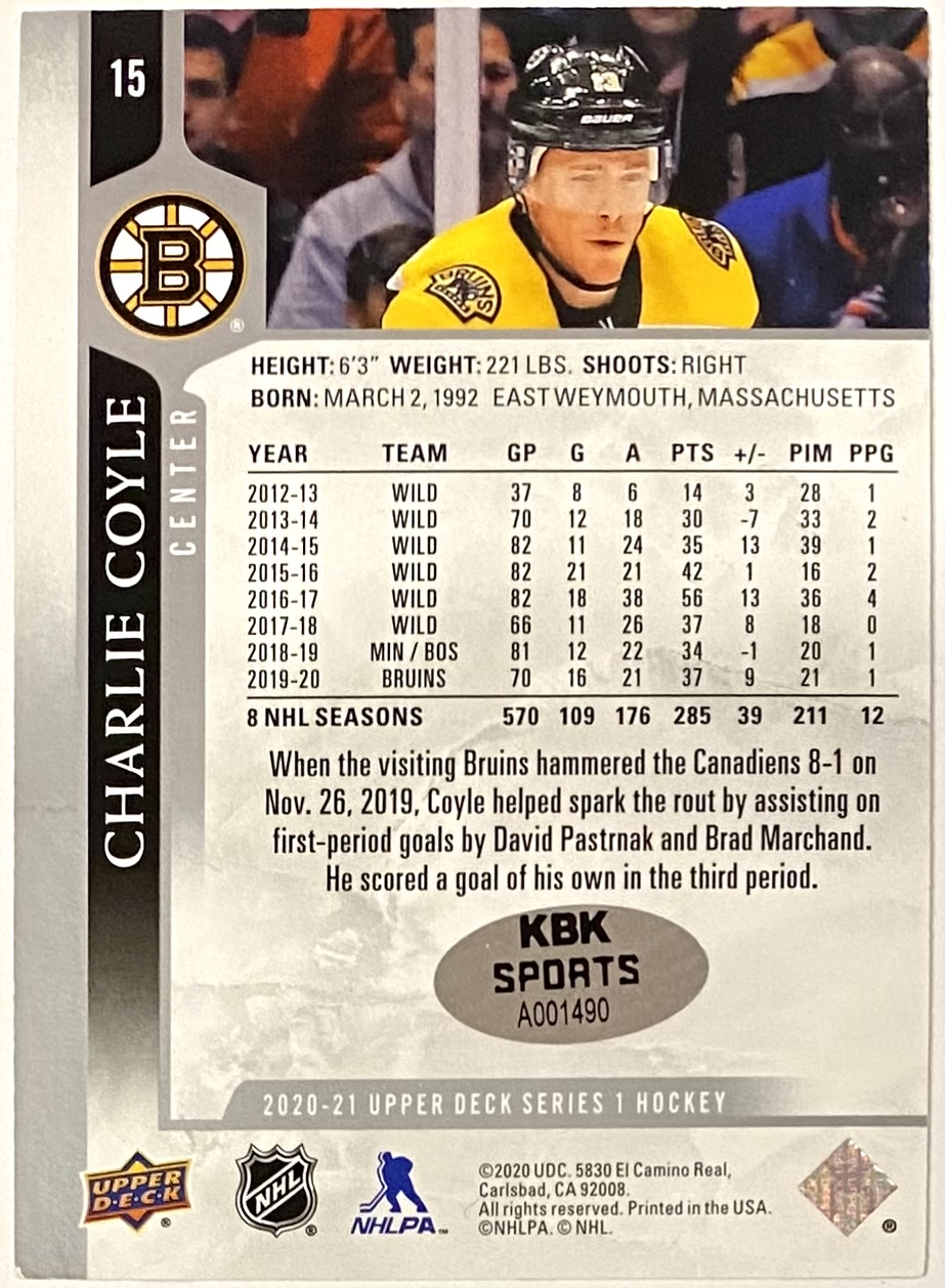 Charlie Coyle Boston Bruins Autographed 11 x 14 Alternate Jersey