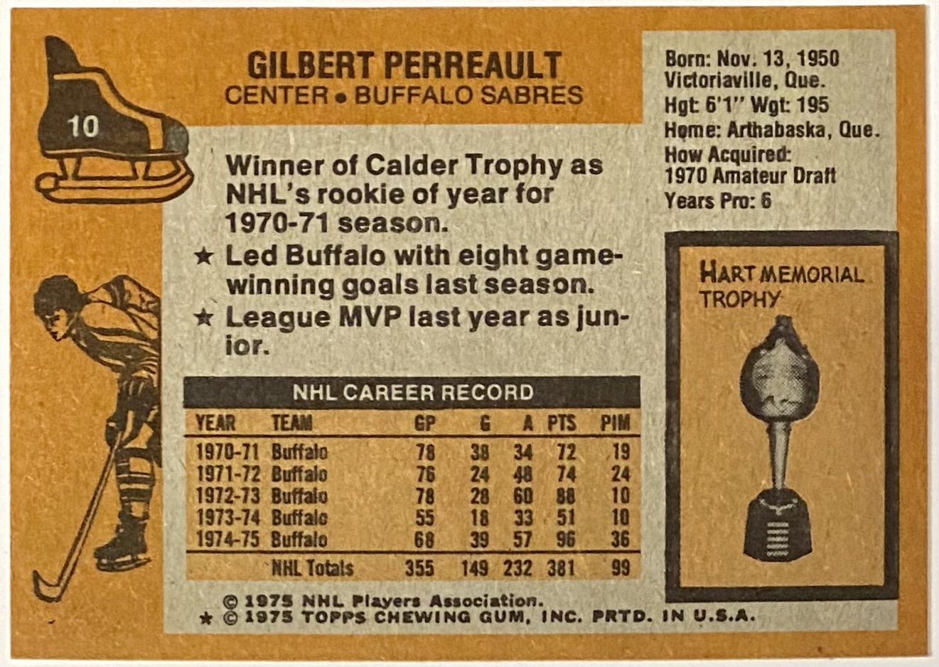  1975 Topps # 10 Gilbert Perreault Buffalo Sabres