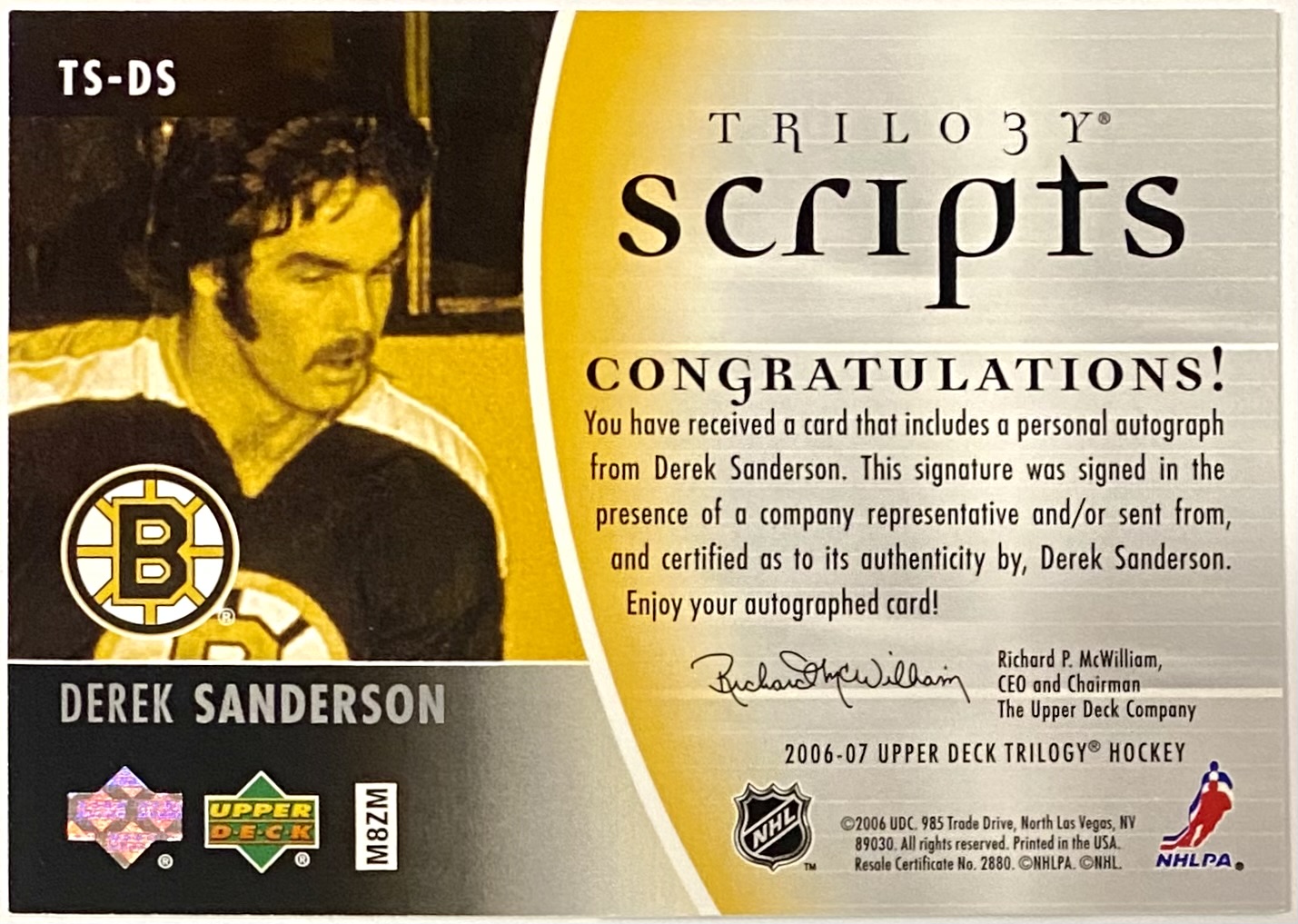 Derek Sanderson Boston Bruins Autographed Signed White Style Jersey XL  coa-JSA
