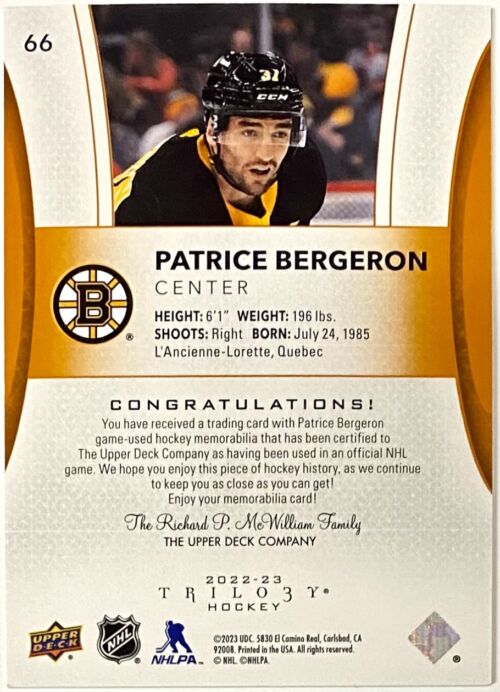 Patrice Bergeron Boston Bruins 2023 Winter Classic 12 x 15 Sublimated Plaque with Game-Used Ice - Limited Edition of 500